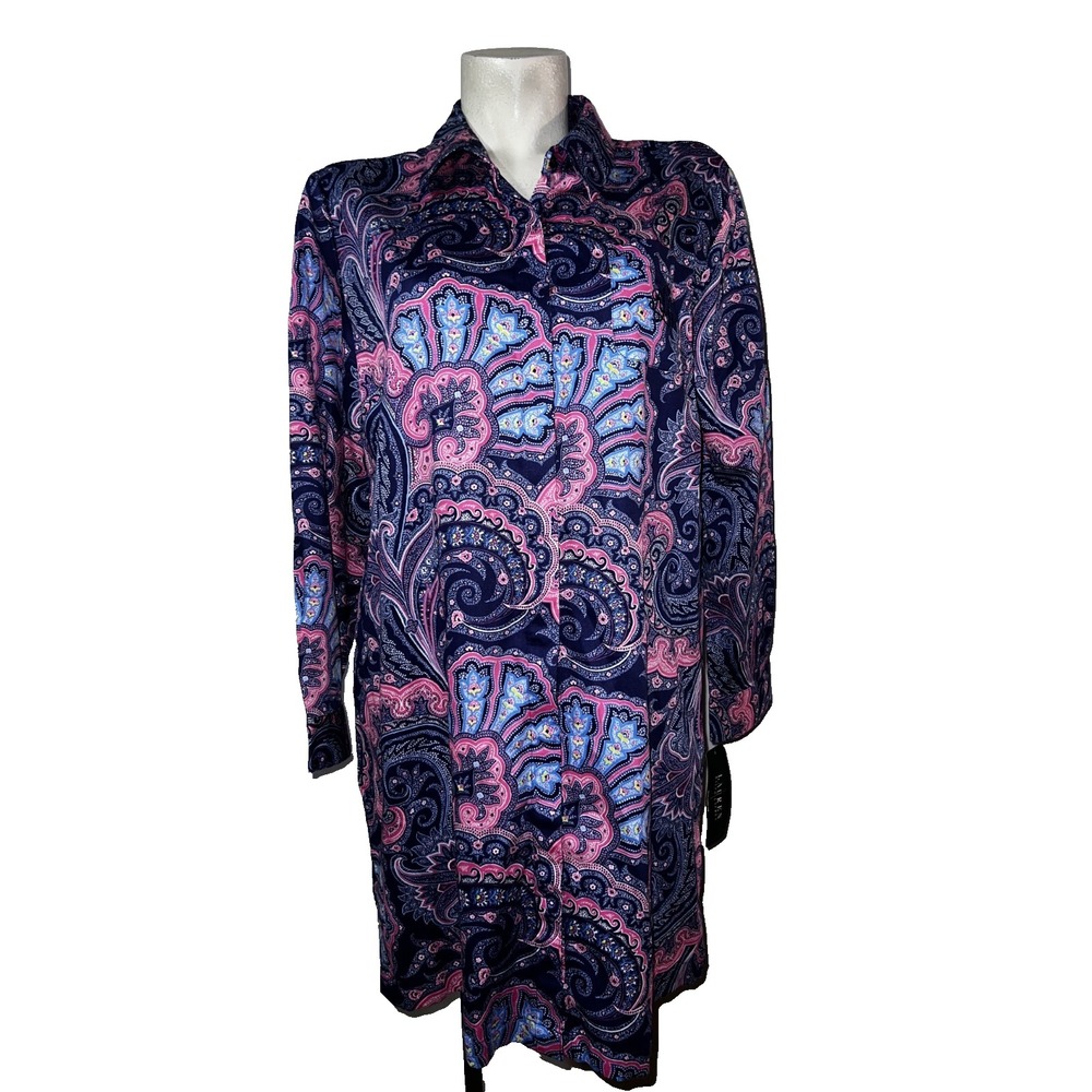 New Lauren Ralph Lauren Women Navy Pink Paisley Cotton Button Sleep Shirt L NWT